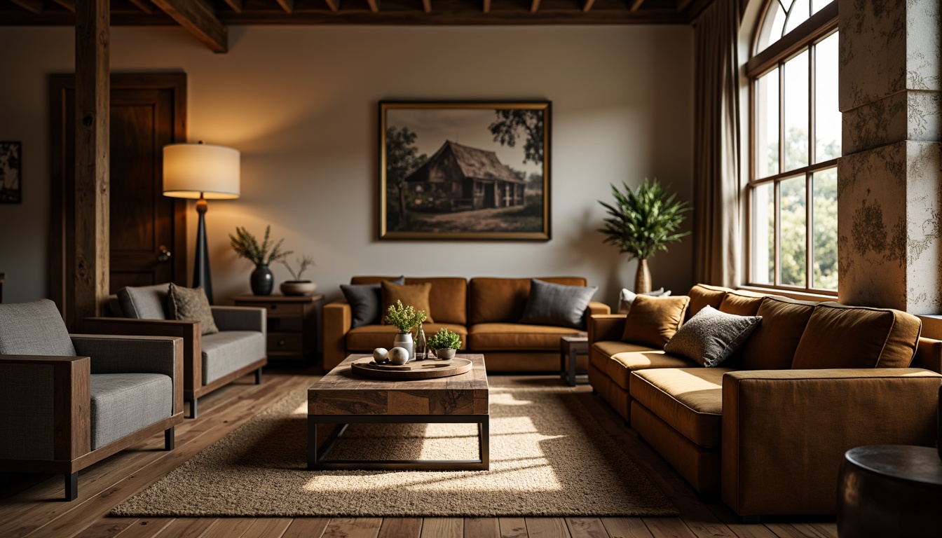 Prompt: Cozy living room, rustic wooden furniture, plush velvet sofas, vintage armchairs, distressed leather ottomans, reclaimed wood coffee tables, industrial metal lamps, earthy tone color palette, natural fiber rugs, warm ambient lighting, shallow depth of field, 3/4 composition, realistic textures, soft focus effect.