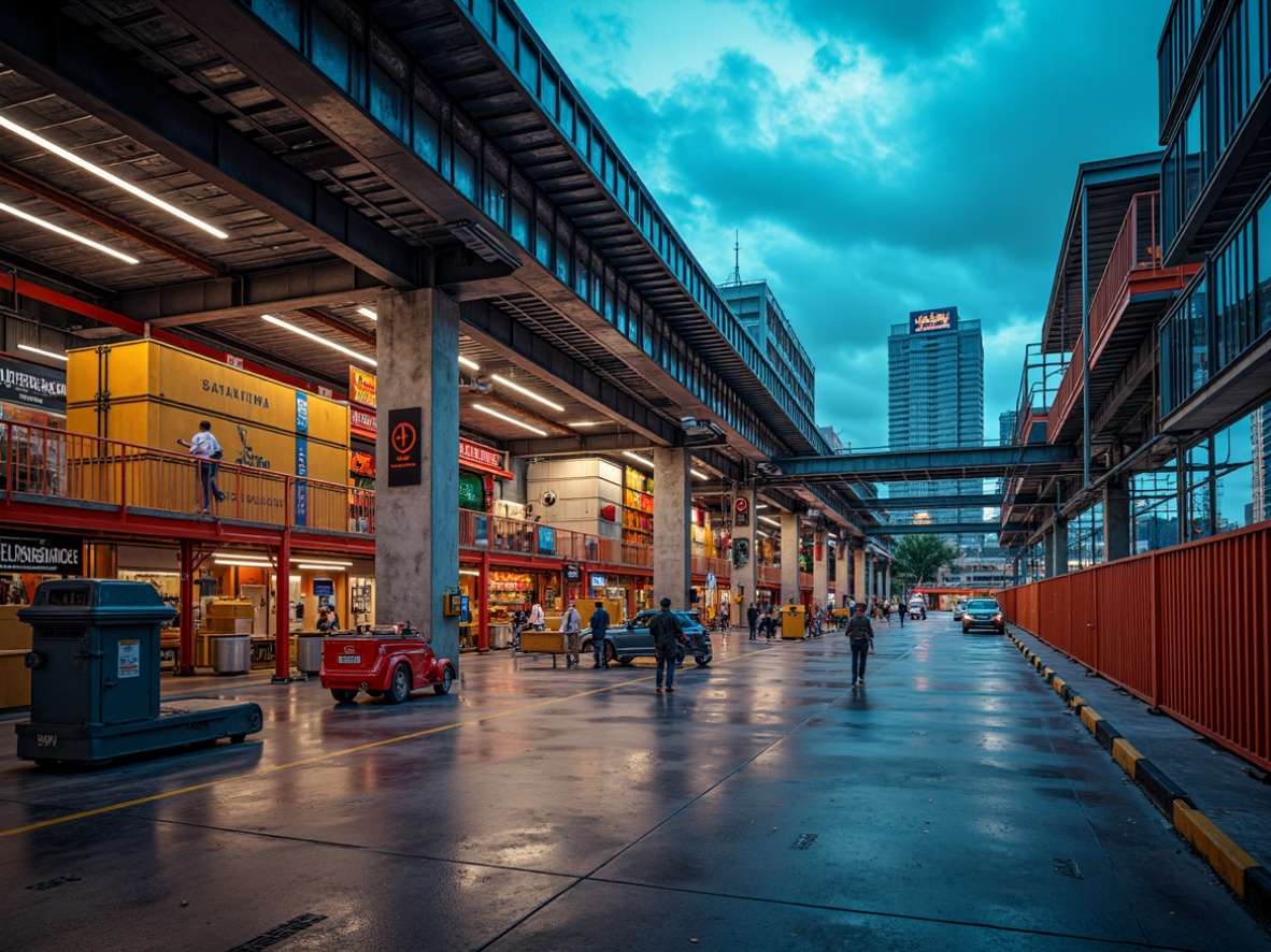 Prompt: Vibrant distribution center, bold industrial architecture, exposed ductwork, metallic beams, neon lighting, concrete floors, steel shelving units, modern machinery, automated conveyor belts, colorful cargo containers, eclectic signage, urban cityscape, cloudy blue sky, dramatic shadows, high-contrast lighting, 1/2 composition, Dutch angle shot, gritty textures, ambient occlusion.