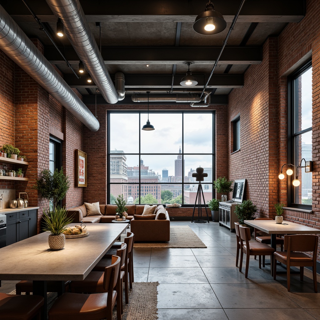 Prompt: Exposed brick walls, metal beams, industrial lighting fixtures, reclaimed wood floors, vintage machinery parts, distressed leather furniture, urban cityscape views, modern minimalist decor, concrete countertops, stainless steel appliances, Edison bulb pendants, functional pipes, industrial-style metal doors, rough-textured stonework, neutral color palette, high ceilings, open floor plan, natural light pouring in, soft atmospheric lighting, shallow depth of field, 3/4 composition, realistic textures.