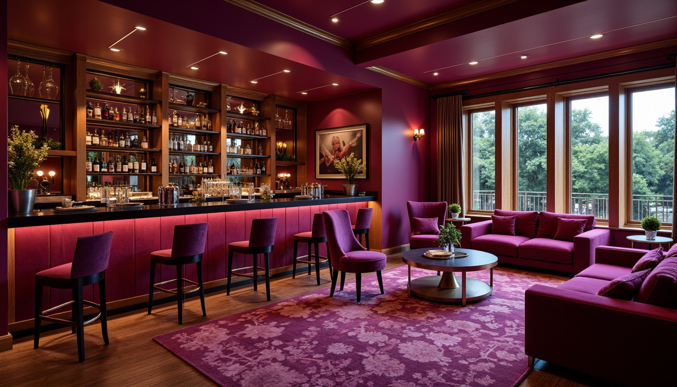 Prompt: Vibrant magenta home bar, rich wood accents, luxurious velvet upholstery, metallic gold fixtures, bold geometric patterns, warm ambient lighting, cozy intimate atmosphere, rich berry-toned walls, deep plum-colored furniture, sparkling crystal decorations, glamorous chrome accents, plush area rugs, modern minimalist shelving, sleek black countertops, sophisticated cocktail stations, festive party vibes, shallow depth of field, 1/2 composition, soft focus effect, realistic textures.