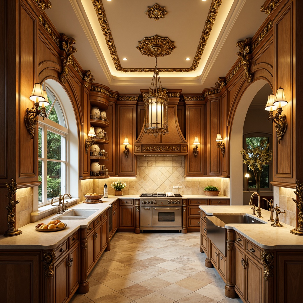 Prompt: Luxurious baroque kitchen, ornate gold accents, rich wood tones, creamy marble countertops, warm beige cabinets, soft velvet fabrics, lavish chandeliers, intricate carvings, grandiose archways, vibrant jewel-toned walls, dramatic lighting effects, warm golden illumination, ornate metal fixtures, elegant curves, sophisticated lines, opulent textures, realistic reflections.