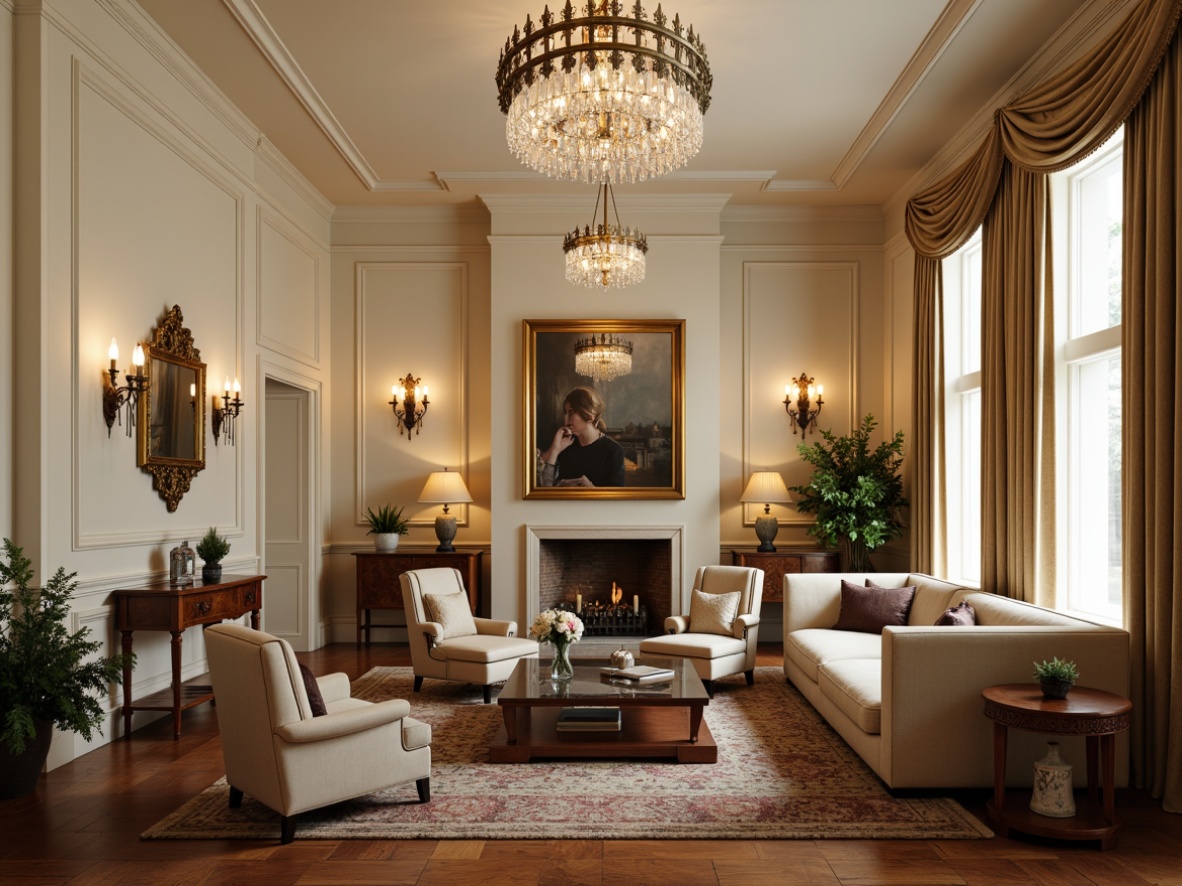 Prompt: Elegant family room, neoclassical style, ornate chandeliers, crystal pendant lights, bronze sconces, cream-colored walls, rich wood flooring, plush velvet sofas, antique furniture pieces, carved wooden accents, soft warm lighting, subtle shadows, 1/1 composition, symmetrical layout, classic motifs, intricate moldings, luxurious fabrics, sophisticated ambiance.