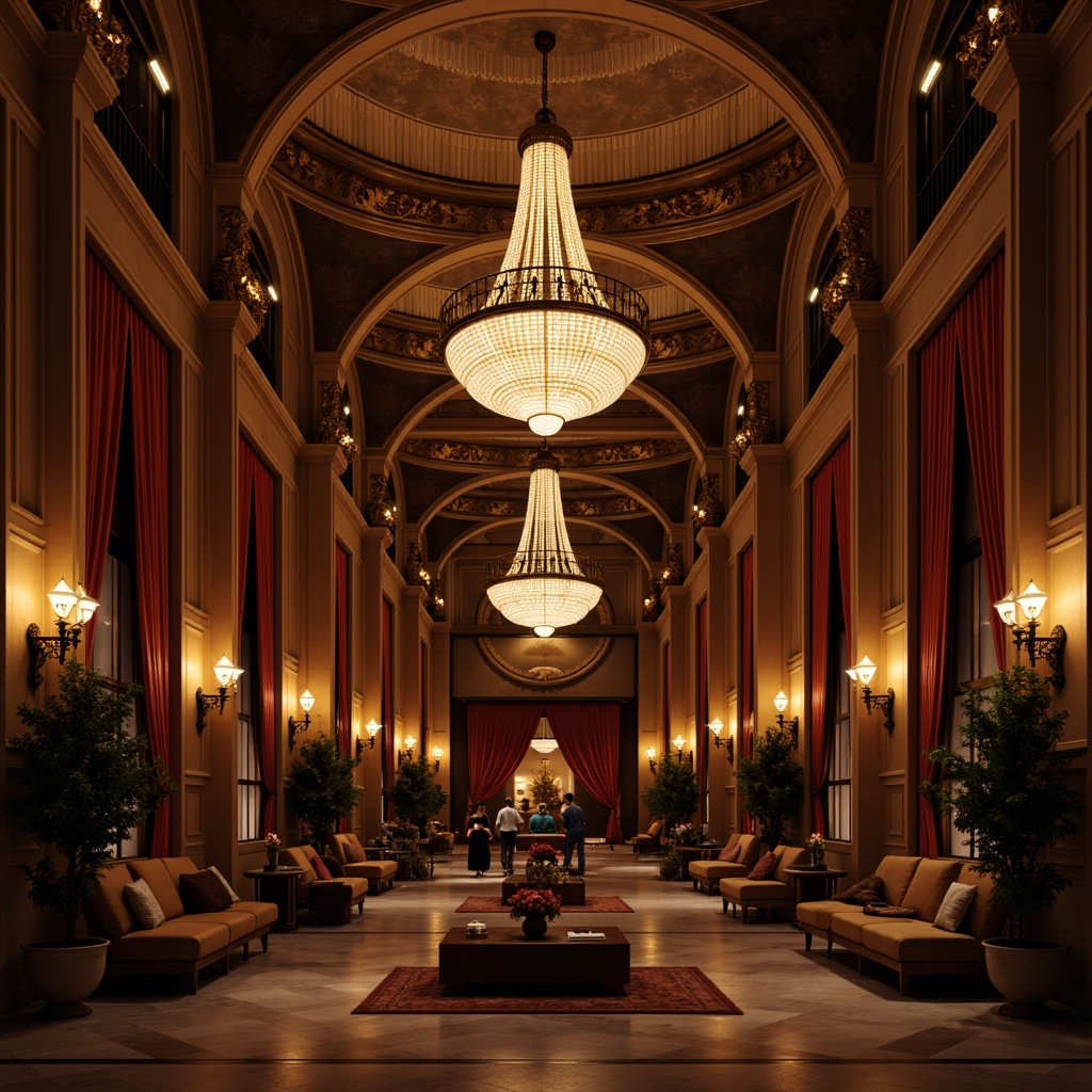 Prompt: Elegant chandeliers, warm golden lighting, soft candlelight, ornate metalwork, intricately carved furnishings, rich velvet drapes, luxurious marble floors, high ceilings, symmetrical compositions, classical architectural details, subtle shading, realistic reflections, warm color palette, atmospheric ambiance, soft focus, shallow depth of field.