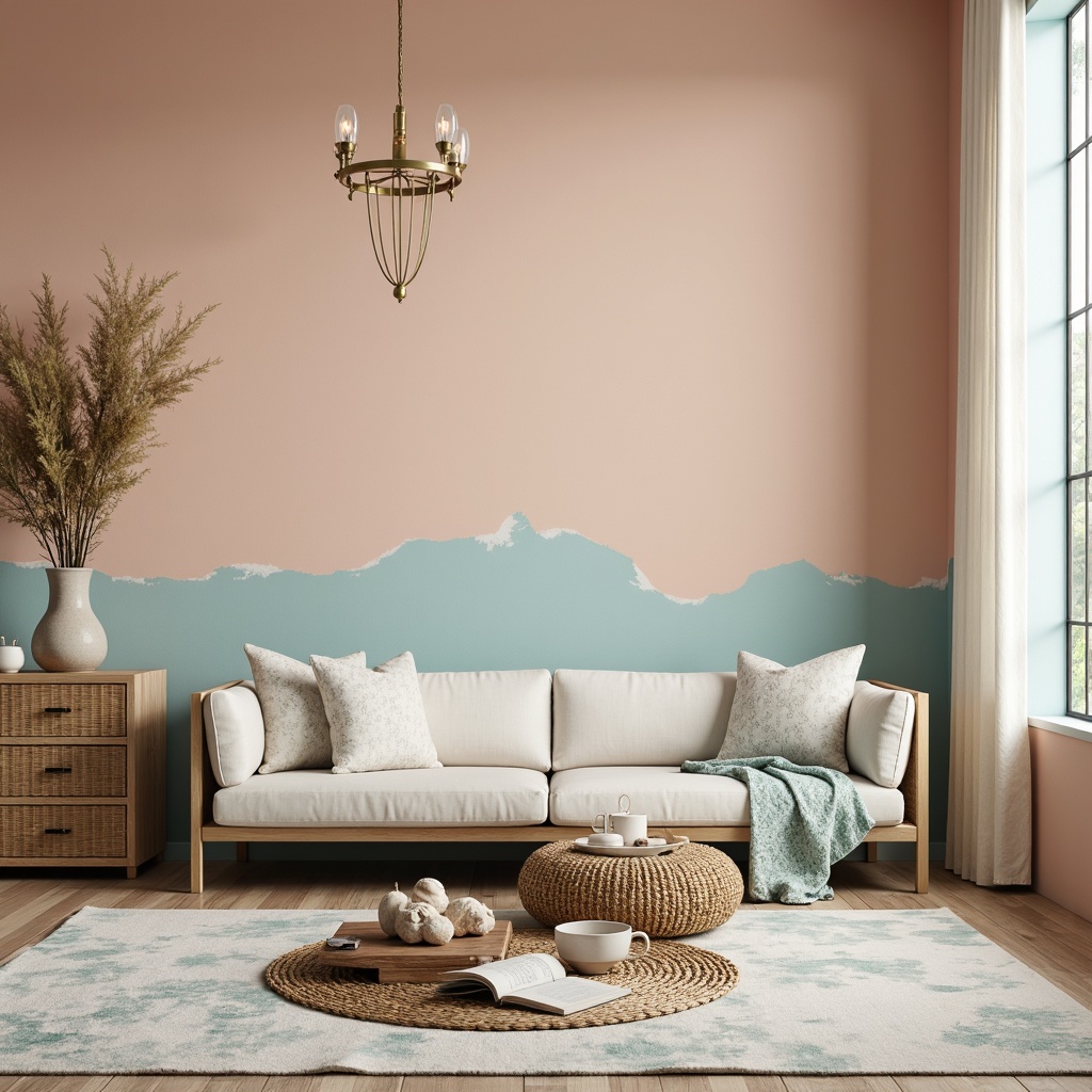 Prompt: Soft peach walls, creamy whites, gentle blues, sandy neutrals, calming aqua accents, natural wood furniture, woven sea grass textures, shell-inspired decorative accessories, ocean breeze-inspired fabrics, delicate sea foam patterns, subtle driftwood details, cozy reading nook, plush area rug, warm task lighting, 1/1 composition, soft focus, serene atmosphere.