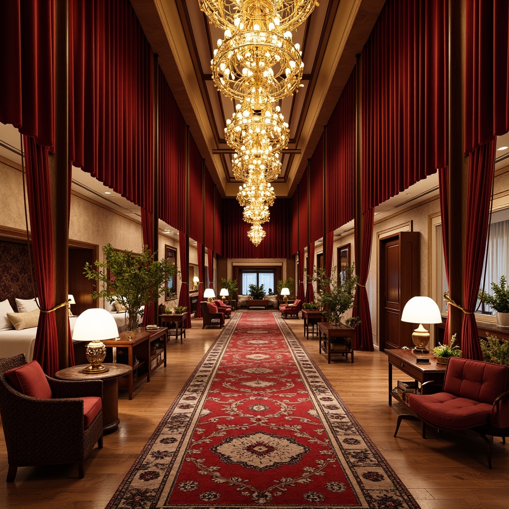 Prompt: Luxurious hotel lobby, rich velvet drapes, ornate golden chandeliers, plush red carpets, intricately patterned rugs, elegant wooden furnishings, carved four-poster beds, heavy satin curtains, antique furniture pieces, crystal vases, ornamental mirrors, lavish floral arrangements, soft warm lighting, shallow depth of field, 3/4 composition, realistic textures, ambient occlusion.