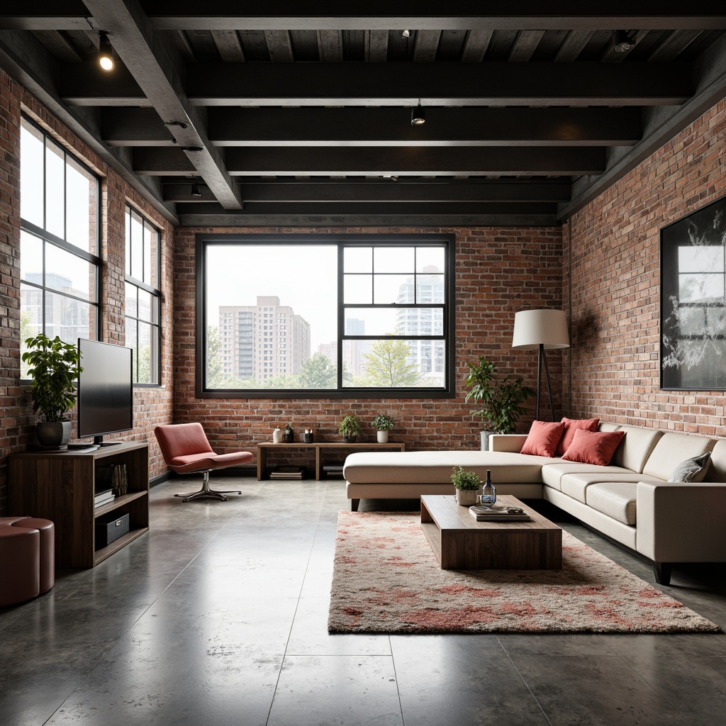 Prompt: Industrial chic loft interior, exposed brick walls, metal beams, polished concrete floors, modern minimalist decor, rich wood accents, sleek low-profile furniture, monochromatic color palette, deep charcoal grey, warm beige, soft creamy whites, pops of bright coral, matte black metal fixtures, floor-to-ceiling windows, natural light pouring in, urban cityscape views, atmospheric softbox lighting, shallow depth of field, 1/1 composition, realistic textures, ambient occlusion.