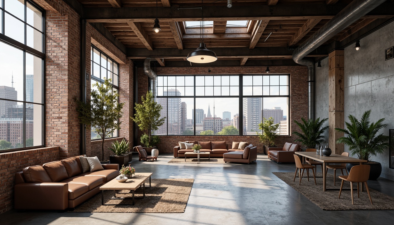 Prompt: Exposed brick walls, metal beams, reclaimed wood accents, industrial-style lighting fixtures, polished concrete floors, functional metal pipes, distressed leather furniture, urban cityscape views, converted warehouse spaces, modern minimalist decor, neutral color palette, natural textures, overhead skylights, 1/2 composition, softbox lighting, cinematic mood, gritty realistic render.