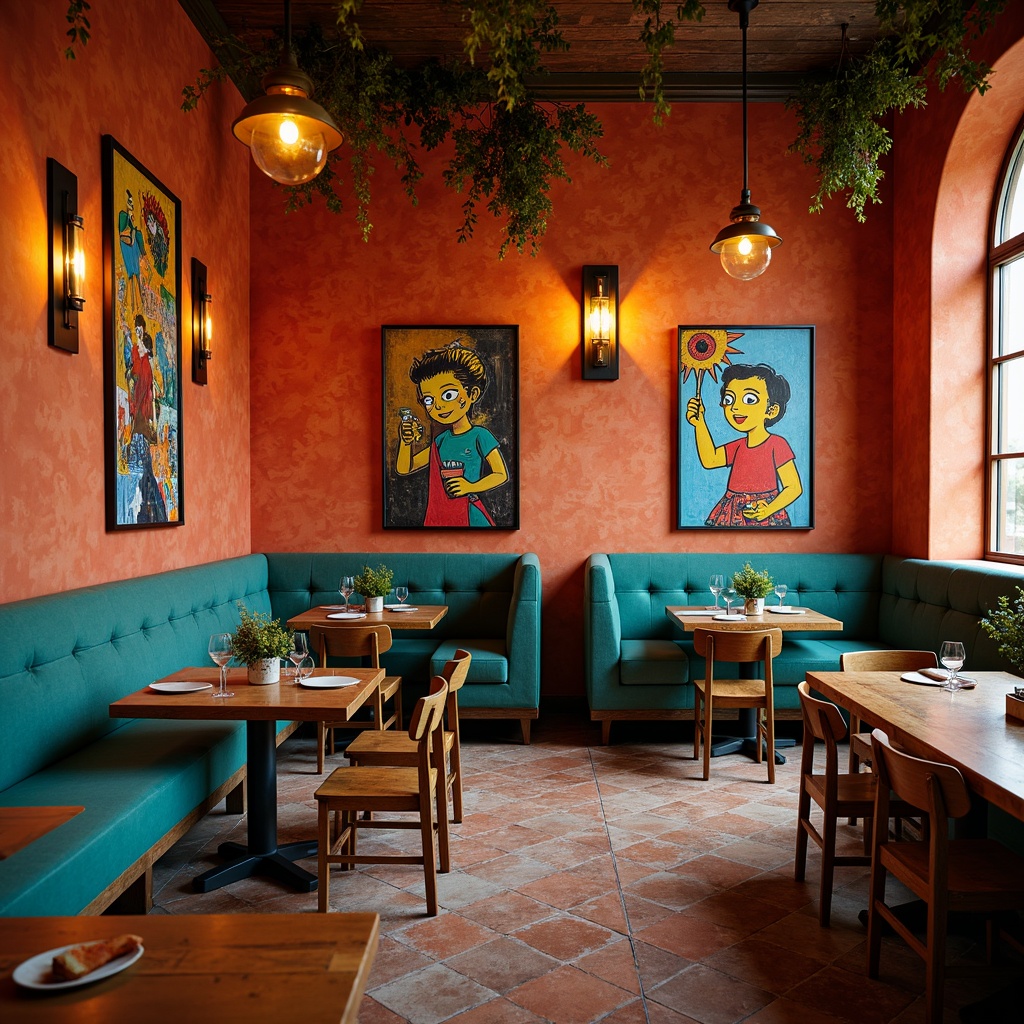 Prompt: Vibrant restaurant interior, bold expressionist style, warm earthy tones, rich terracotta walls, deep turquoise accents, golden lighting fixtures, rustic wooden furniture, distressed metal decorations, eclectic artwork, lively atmosphere, bustling energy, shallow depth of field, 1/2 composition, soft warm glow, realistic textures, ambient occlusion.