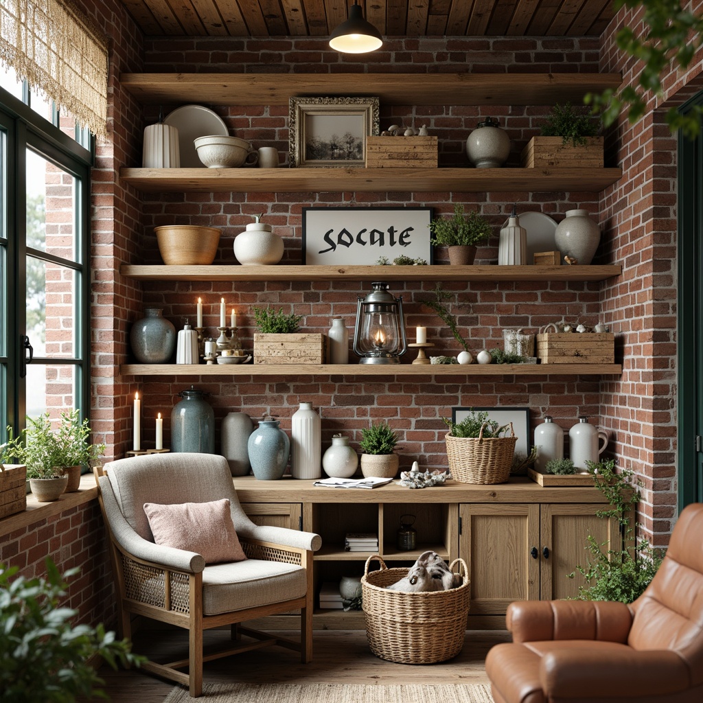 Prompt: Distressed wooden shelves, vintage metal lanterns, rustic brick walls, soft pastel colors, floral patterns, lace trimmings, antique furniture pieces, worn leather armchairs, distressed wooden crates, old-fashioned signage, natural woven baskets, earthy tones, warm candlelight, shallow depth of field, 1/1 composition, realistic textures, ambient occlusion.