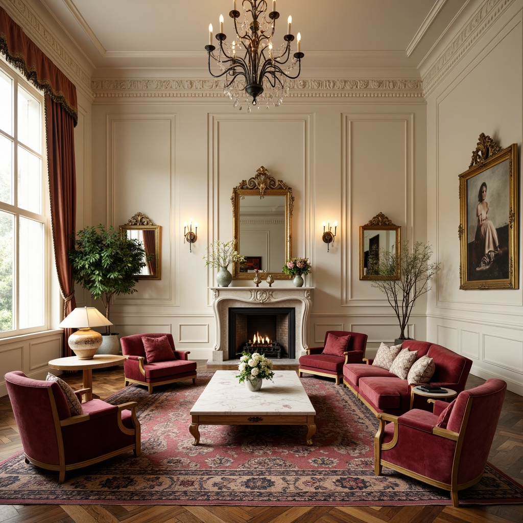 Prompt: Elegant family room, neoclassical style, ornate wooden furniture, velvet sofas, tufted armchairs, marble coffee tables, crystal chandeliers, golden frame mirrors, richly patterned rugs, soft cream walls, high ceilings, large windows, natural light, warm atmosphere, cozy reading nooks, decorative vases, fresh flowers, subtle wall sconces, 1/1 composition, warm lighting, shallow depth of field, realistic textures.