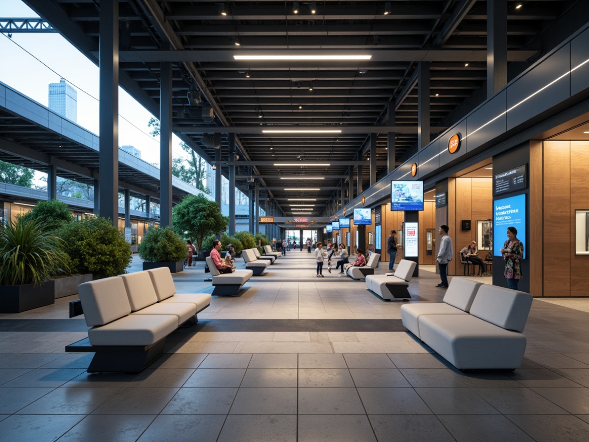 Prompt: Modern train station, sleek waiting area, futuristic benches, minimalist lighting fixtures, polished metal columns, vibrant LED displays, interactive information boards, spacious open layout, natural stone flooring, warm wooden accents, greenery walls, ambient soundscape, shallow depth of field, 3/4 composition, panoramic view, realistic textures, ambient occlusion.