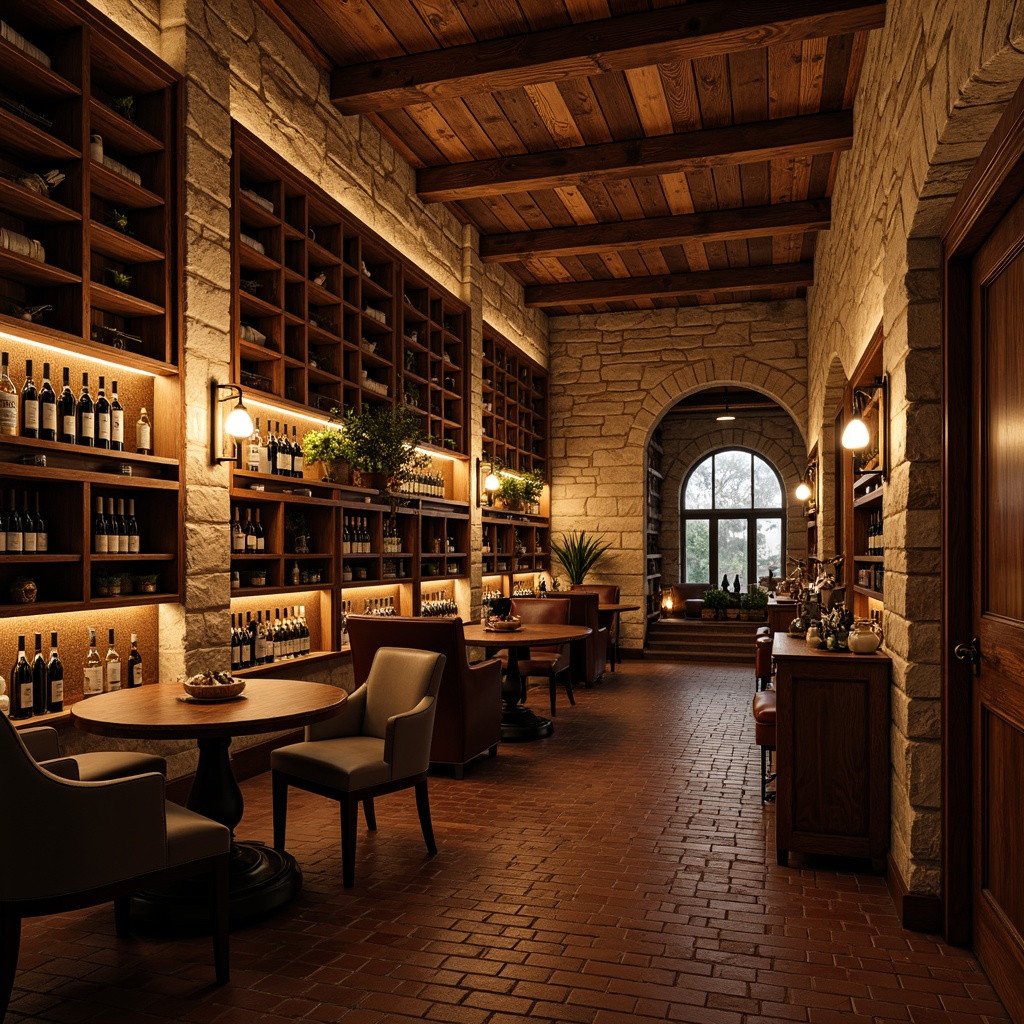 Prompt: Richly ornate wine cellar, rustic stone walls, dimly lit ambiance, wooden barrel racks, oak wood accents, vintage wine bottles, candlelight illumination, earthy color palette, arched doorways, brick flooring, intimate seating areas, wooden tables, leather-bound wine books, classic wine-making equipment, soft warm lighting, shallow depth of field, 1/1 composition, realistic textures, ambient occlusion.