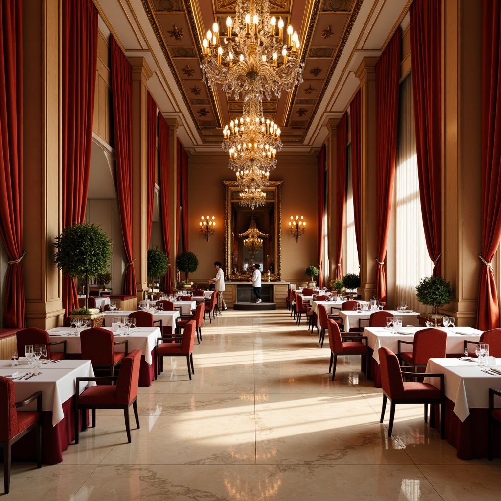 Prompt: Elegant dining hall, luxurious velvet drapes, rich wood accents, ornate chandeliers, sophisticated gold leaf details, creamy marble floors, warm beige walls, soft apricot lighting, intimate atmosphere, 1/2 composition, subtle texture overlay, realistic reflections, ambient occlusion.