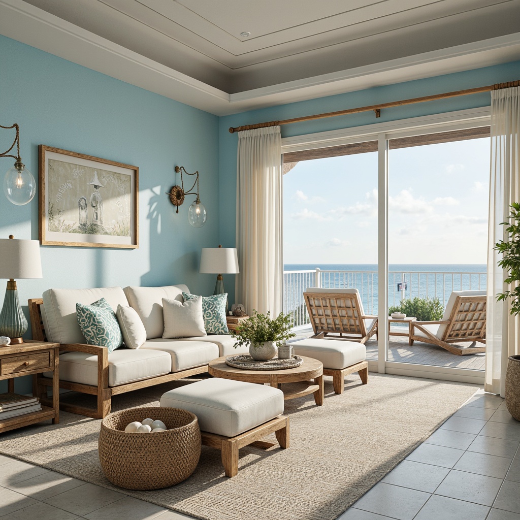 Prompt: Coastal-themed room, soft blue walls, white sandy floors, driftwood furniture, nautical decorations, rope accents, glass pendant lights, brushed nickel fixtures, linen shades, coastal-inspired artwork, natural textiles, woven sea grass baskets, ocean views, large windows, sliding glass doors, sunny day, soft warm lighting, shallow depth of field, 3/4 composition, panoramic view, realistic textures, ambient occlusion.