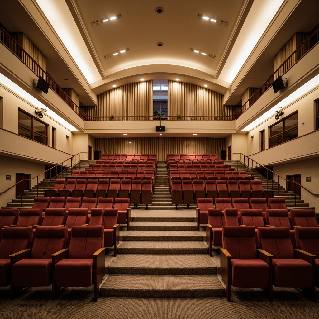 Prompt: Elegant auditorium, academic atmosphere, tiered seating, curved rows, plush velvet chairs, wooden armrests, subtle lighting, sophisticated color palette, neutral tones, cream-colored walls, dark wood accents, polished metal handrails, staircases with ornate railings, grand chandeliers, high ceilings, dramatic drapery, rich carpeting, comfortable cushions, flexible seating configurations, versatile lecture spaces, interactive presentation tools, state-of-the-art audiovisual equipment, softbox lighting, 3/4 composition, realistic textures, ambient occlusion.