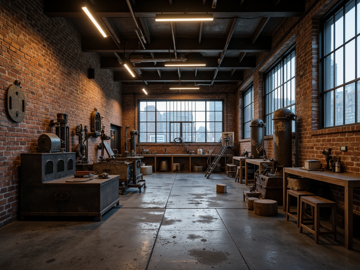 Prompt: Exposed brick walls, metal beams, reclaimed wood accents, industrial-style lighting fixtures, concrete floors, urban cityscape, abandoned factory backdrop, rusty machinery, distressed textures, moody atmospheric lighting, cinematic shading, 1/1 composition, dramatic depth of field, gritty realistic materials, metallic reflections, worn-out props, vintage manufacturing equipment.