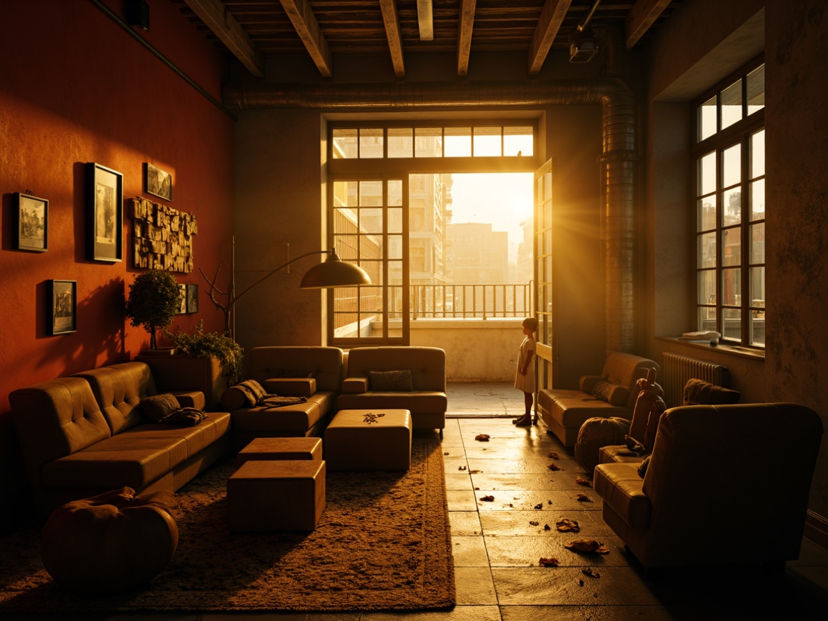 Prompt: Dramatic interior space, intense emotional atmosphere, bold color schemes, harsh shadows, high-contrast lighting, eerie glow, abstract furniture forms, distorted proportions, unconventional materials, rough textures, industrial accents, moody ambiance, low-key lighting, warm golden tones, cinematic flair, 45-degree angle shots, Dutch tilt composition, selective focus, atmospheric mist.