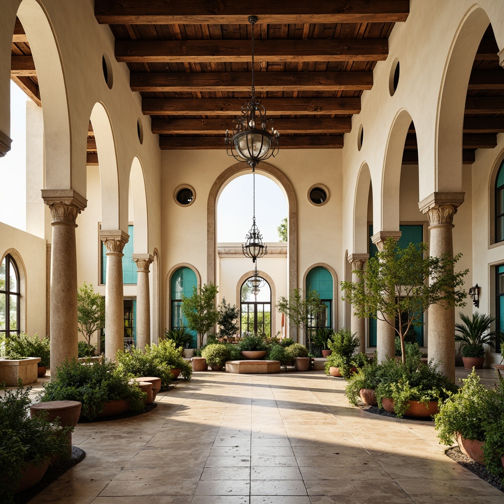 Prompt: Grand Mediterranean great room, high ceilings, arched windows, ornate archways, rustic stone columns, distressed wood beams, cream-colored stucco walls, turquoise accents, lush greenery, potted plants, elegant chandeliers, warm golden lighting, shallow depth of field, 1/1 composition, symmetrical framing, realistic textures, ambient occlusion.