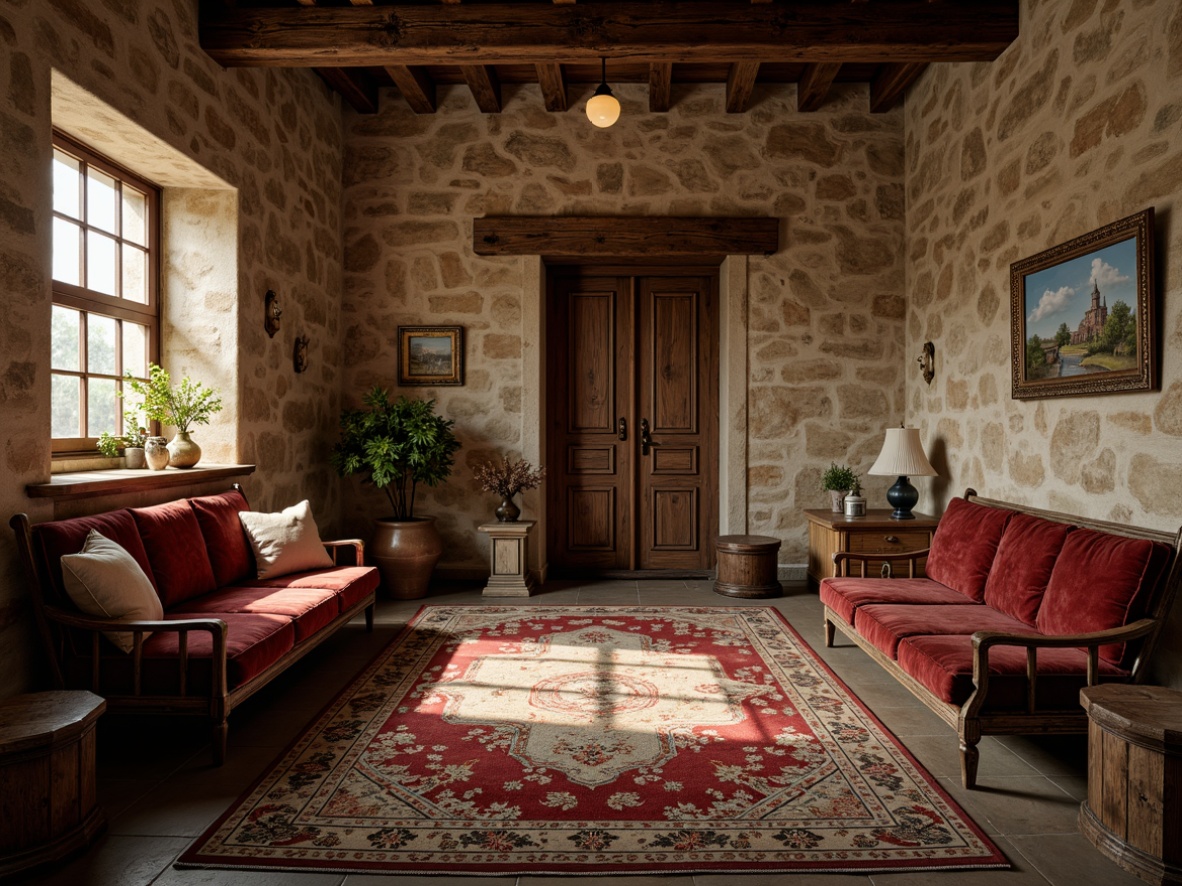 Prompt: Weathered stone walls, rustic wooden accents, distressed metal frames, ornate plaster details, luxurious velvet fabrics, richly patterned rugs, intricately carved wooden furniture, subtle ambient lighting, warm golden hues, inviting cozy atmosphere, soft focus, shallow depth of field, 1/1 composition, realistic textures, ambient occlusion.