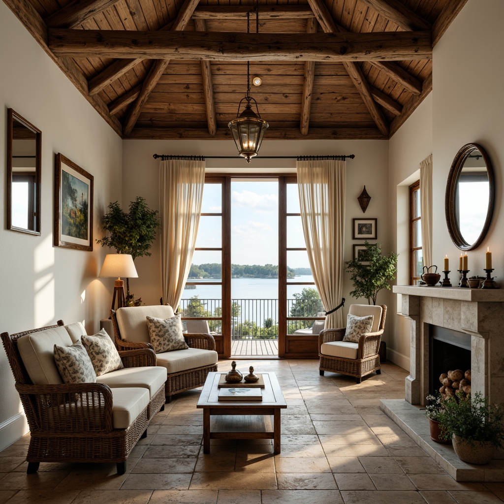 Prompt: Rustic wooden accents, distressed finishes, soft cream walls, natural stone flooring, woven wicker furniture, plush velvet upholstery, vintage nautical decor, antique brass hardware, reclaimed wood beams, cozy reading nooks, warm candle lighting, earthy color palette, organic textures, aged metal lanterns, ornate mirrors, elegant drapery, tranquil water views, French country charm, lakeside ambiance, serene atmosphere, soft focus photography, natural light pouring in, 3/4 composition.