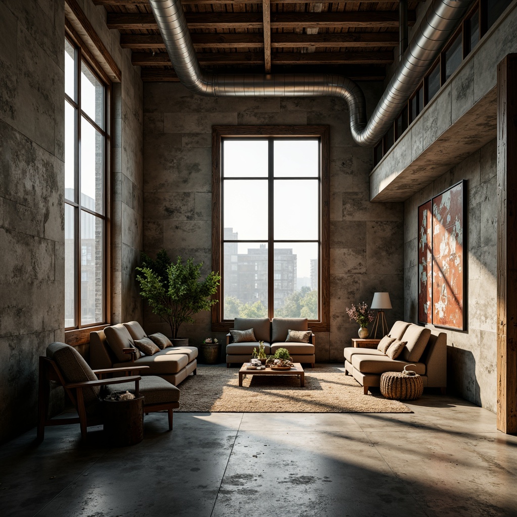 Prompt: Weathered stone walls, rustic wooden accents, distressed metal surfaces, earthy tones, organic forms, natural materials, brutalist architecture, industrial chic, exposed ductwork, concrete floors, reclaimed wood furniture, urban loft atmosphere, dramatic lighting, high contrast ratios, moody shadows, atmospheric fog, cinematic composition, 2.5D rendering, realistic textures, ambient occlusion.