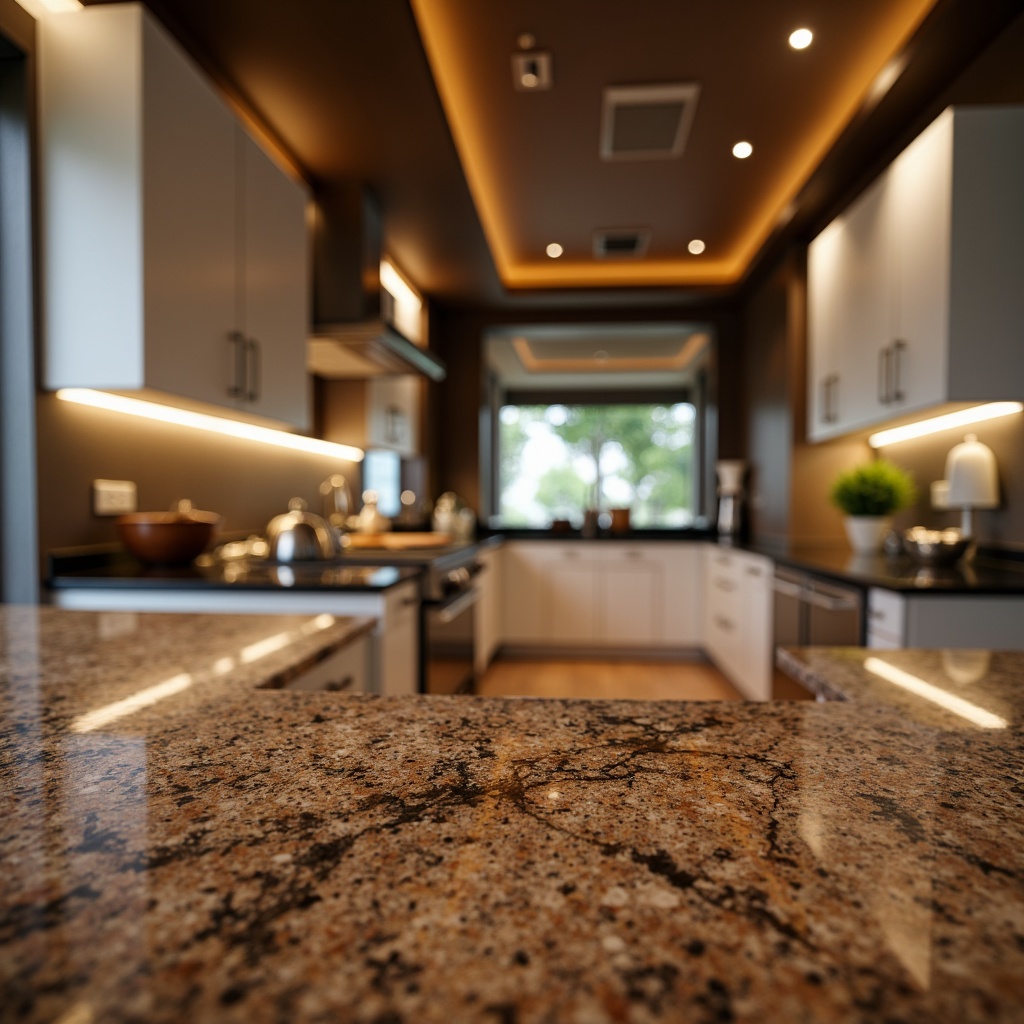 Prompt: Luxurious interior space, polished granite countertops, rich earthy tones, high-gloss finish, flecked patterns, natural stone texture, durability emphasis, low-maintenance requirements, elegant kitchen design, modern cabinetry, stainless steel appliances, warm ambient lighting, shallow depth of field, 1/2 composition, realistic reflections, subtle color grading.