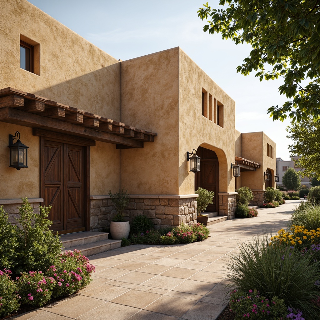 Prompt: Rustic community center, traditional architecture, earthy tone walls, textured stucco finishes, warm beige colors, wooden accents, natural stone foundations, ornate wooden doors, vintage metal lanterns, lush greenery surroundings, blooming flowers, sunny afternoon, soft warm lighting, shallow depth of field, 1/1 composition, realistic textures, ambient occlusion.