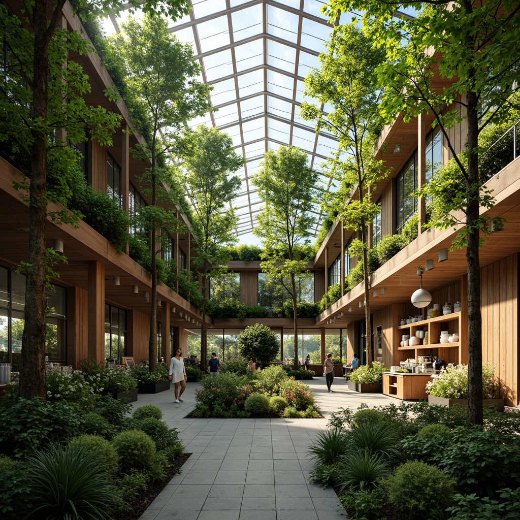 Prompt: Lush greenery, tropical plants, natural stone walls, wooden trellis, climbing vines, soft warm lighting, abundant sunlight, glass roof, steel frames, modern minimalist architecture, educational signage, botanical displays, research benches, laboratory equipment, organic textures, ambient occlusion, shallow depth of field, 3/4 composition, panoramic view.