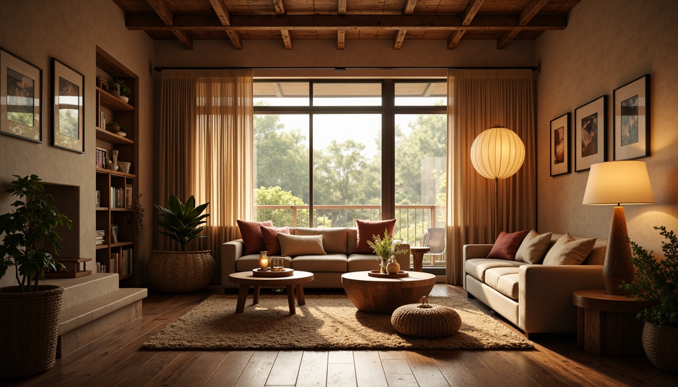 Prompt: Warm living room, soft glowing lamps, comfortable seating, wooden furniture, earthy tones, natural textiles, floor-to-ceiling windows, sheer curtains, gentle sunlight, warm beige walls, rustic wooden accents, pendant lighting, table lamps, floor lamps, LED strips, ambient glow, cozy reading nook, inviting atmosphere, relaxed vibe, calming colors, soft shadows, 1/2 composition, intimate setting, realistic textures.