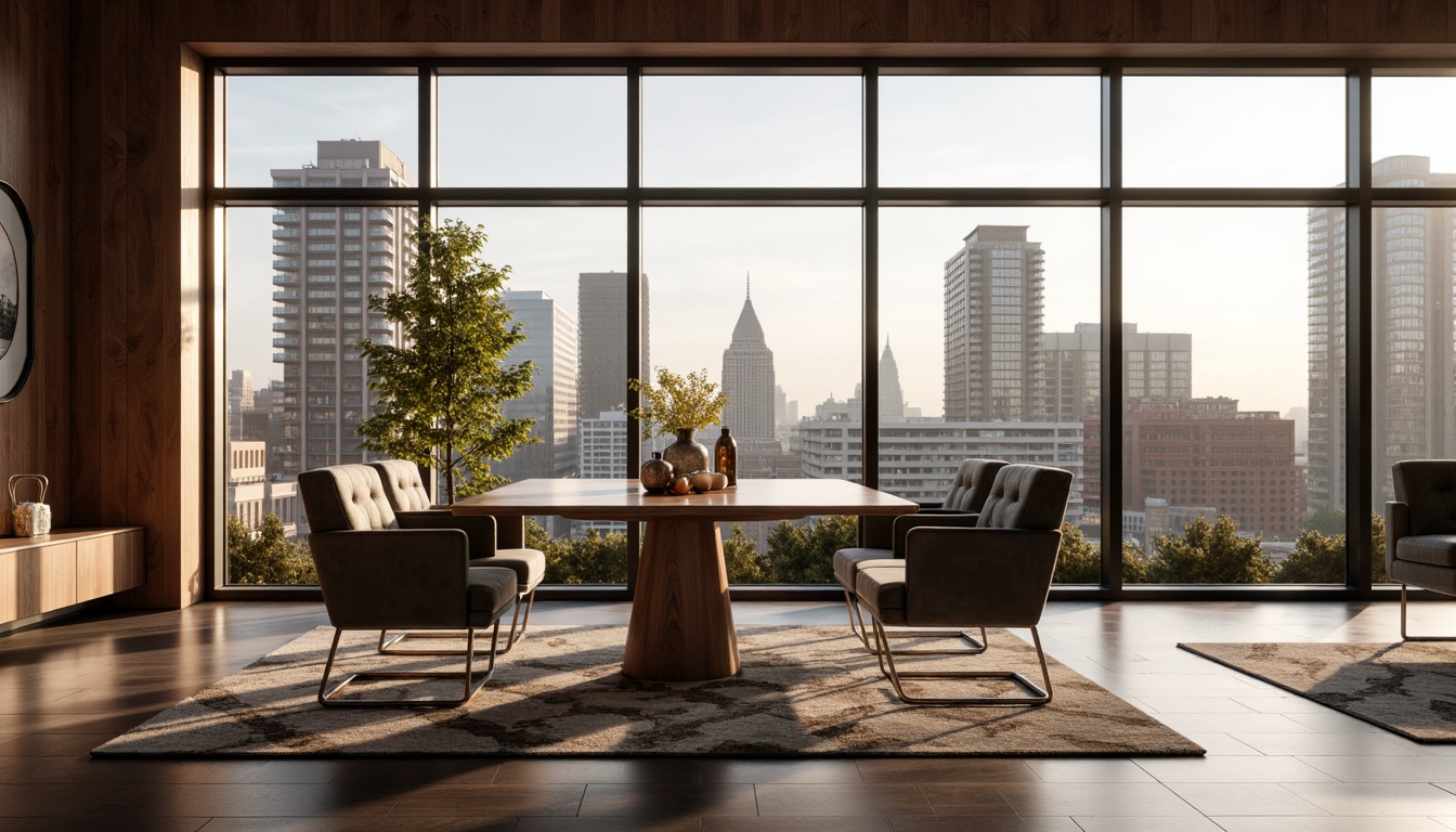 Prompt: Streamlined modern dining room, sleek low-profile furniture, polished chrome legs, tufted velvet upholstery, rich walnut wood tones, minimalist decor, geometric patterned rugs, floor-to-ceiling windows, urban cityscape views, soft warm lighting, 1/1 composition, shallow depth of field, realistic textures, ambient occlusion.