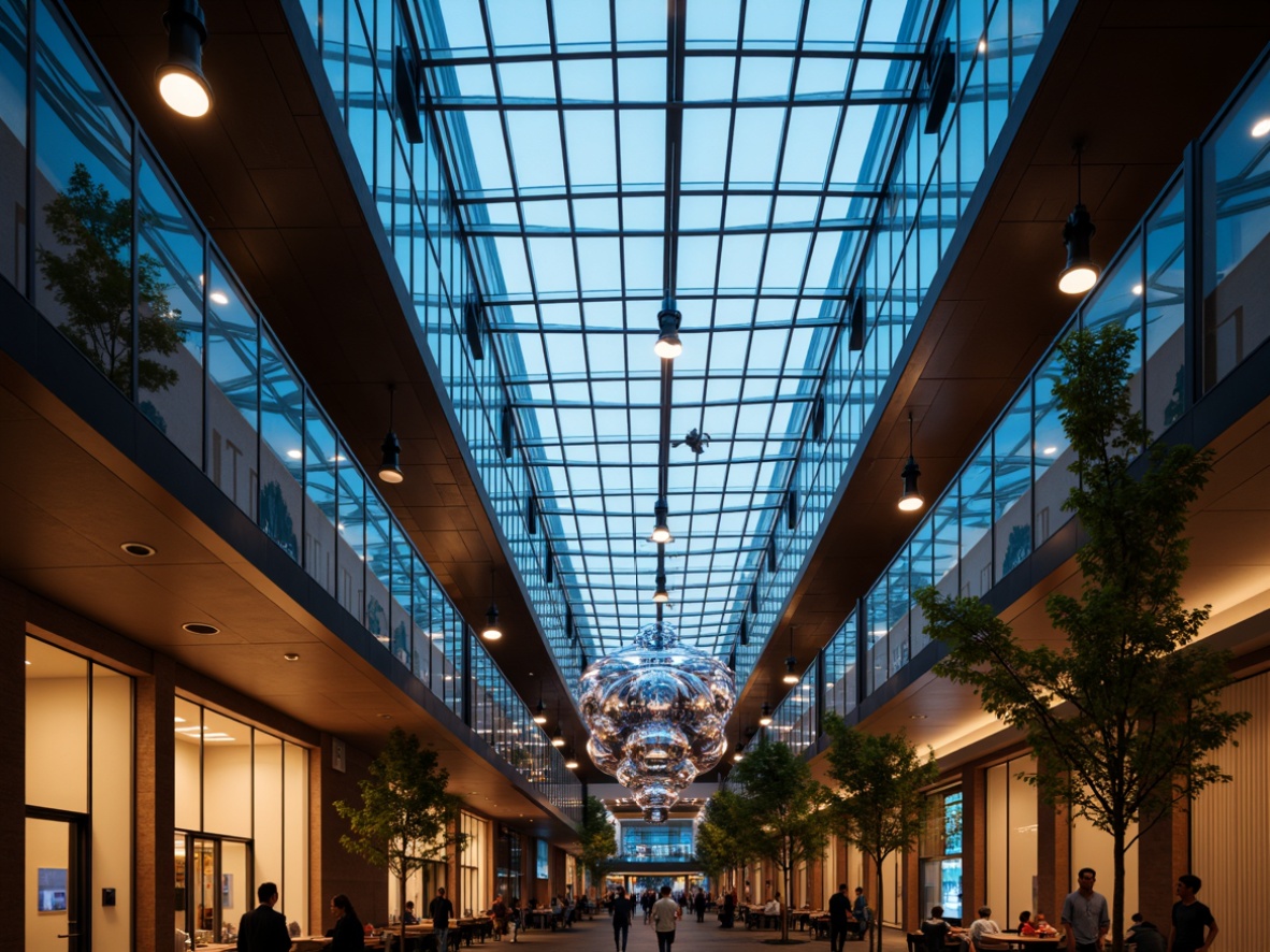 Prompt: Modern atrium, sleek glass ceiling, suspended LED lights, ambient warm glow, futuristic chandeliers, polished metal fixtures, minimalist pendant lamps, energy-efficient solutions, sustainable materials, natural light harvesting, solar tubes, dynamic color changing effects, immersive atmosphere, shallow depth of field, 1/1 composition, realistic textures, soft focus blur, urban cityscape, evening twilight, dramatic shadows.