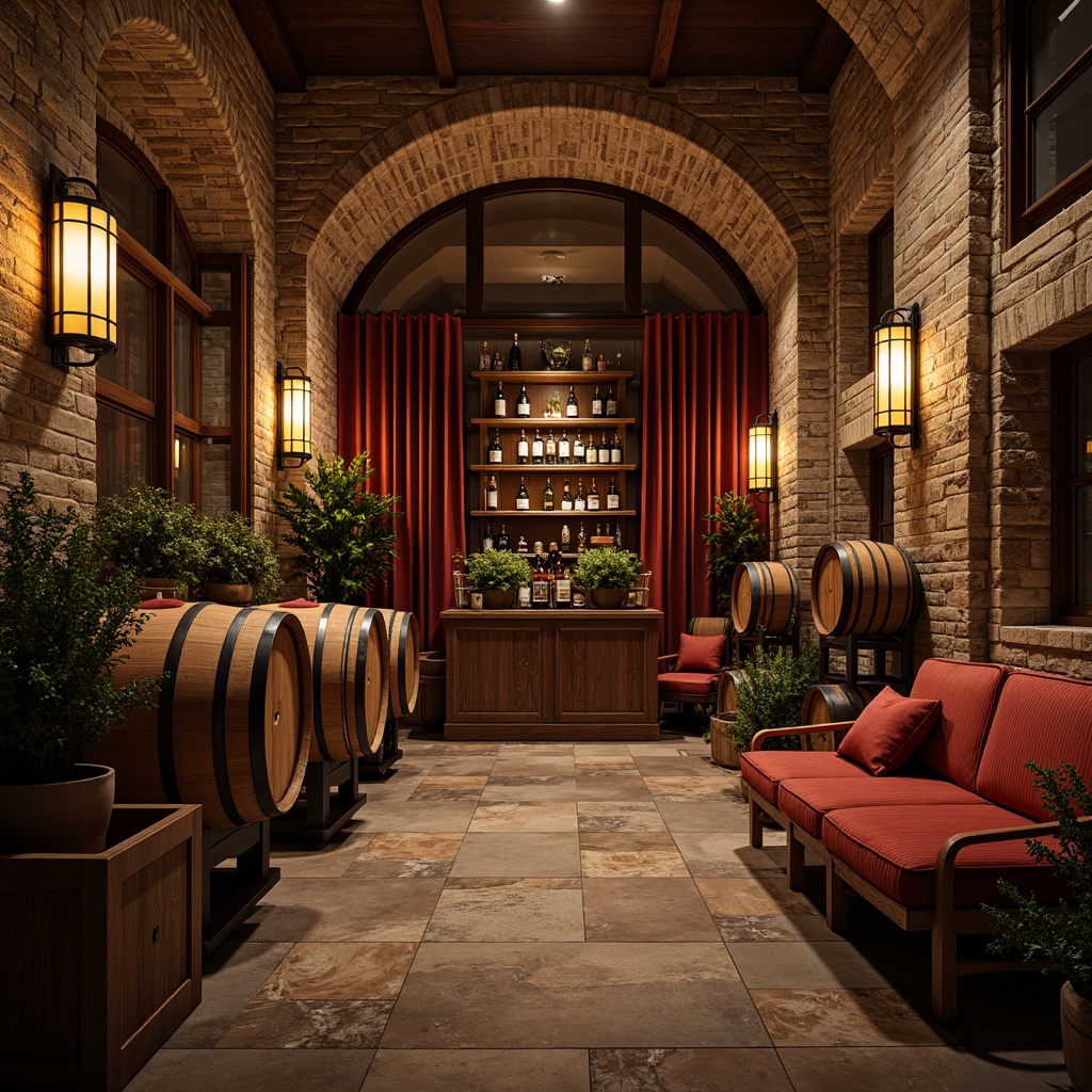 Prompt: Rustic wine cellar, stone walls, wooden barrels, dim warm lighting, vintage wine bottles, rich wood accents, ornate metalwork, earthy tones, natural stone floors, brick archways, classic furniture, velvet drapes, luxurious textiles, intimate ambiance, soft focus, shallow depth of field, 1/2 composition, warm color palette, realistic textures, ambient occlusion.