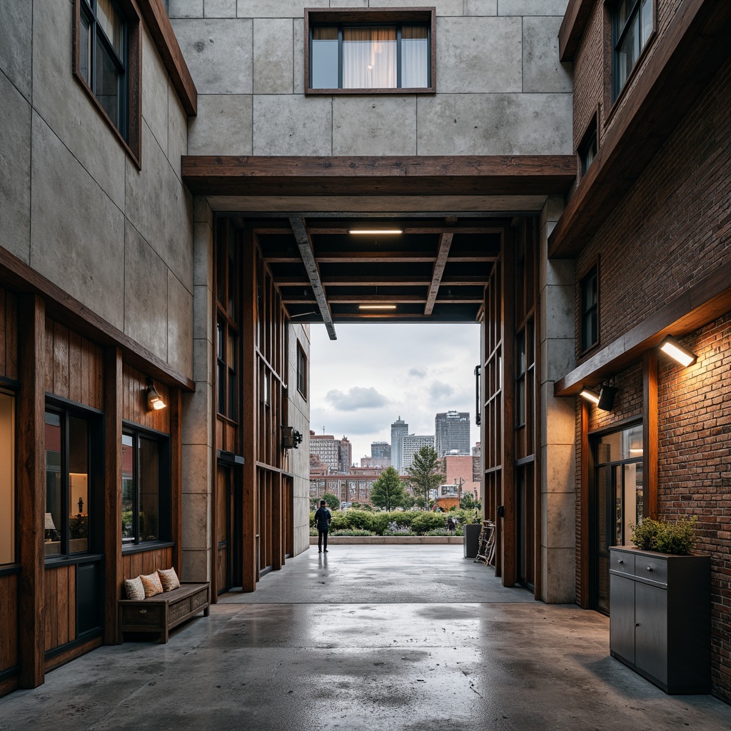 Prompt: Rustic industrial entrance, distressed metal gates, concrete walls, reclaimed wood accents, exposed brick facades, vintage factory windows, modern steel beams, minimalist lighting fixtures, polished concrete floors, eclectic decorative artifacts, urban cityscape backdrop, cloudy grey sky, soft natural lighting, shallow depth of field, 1/1 composition, cinematic camera angles, realistic textures, ambient occlusion.