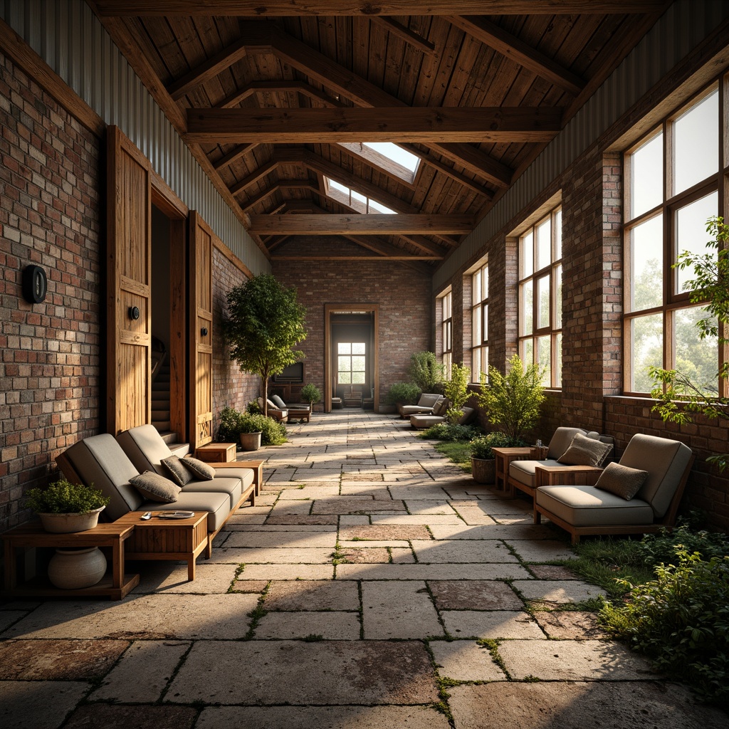 Prompt: Rustic wooden accents, distressed stone walls, rough-hewn granite floors, weathered metal cladding, reclaimed wood beams, earthy color palette, organic shapes, natural materials, industrial chic aesthetic, abandoned factory setting, crumbling brick textures, overgrown vegetation, warm golden lighting, shallow depth of field, 1/1 composition, realistic renderings, atmospheric fog effects.