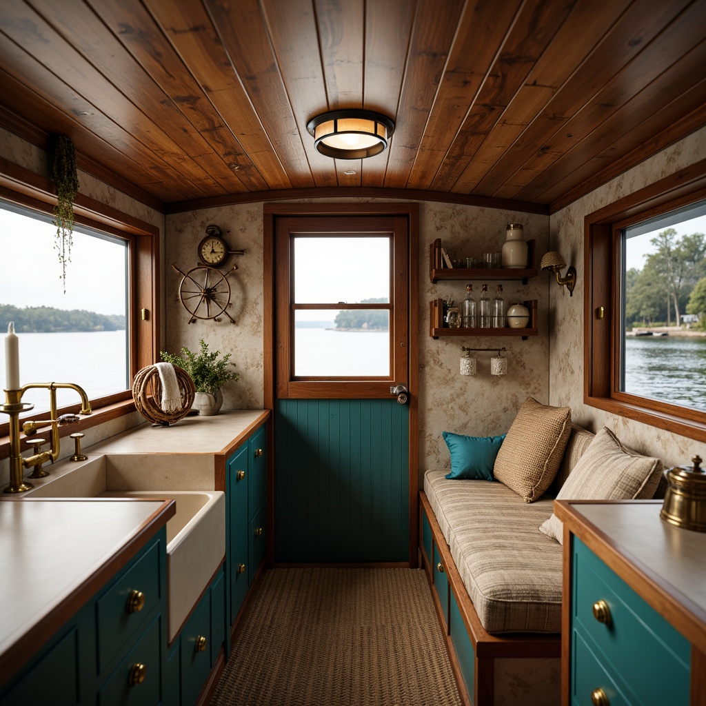 Prompt: Cozy boathouse interior, warm wooden accents, soft beige upholstery, calming turquoise hues, natural woven textiles, nautical rope details, vintage marine instruments, distressed wood finishes, subtle navy blue undertones, golden brass hardware, creamy white countertops, rustic stone walls, warm candlelight ambiance, 1/1 composition, shallow depth of field, realistic textures, ambient occlusion.