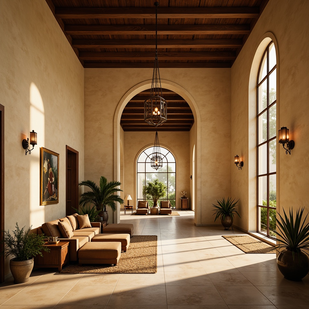 Prompt: Warm Mediterranean great room, high ceilings, elegant archways, cream-colored stucco walls, polished marble floors, ornate chandeliers, pendant lights, table lamps, floor lamps, soft warm lighting, golden hour ambiance, dramatic shadows, layered lighting, ambient occlusion, realistic textures, shallow depth of field, 3/4 composition, panoramic view.