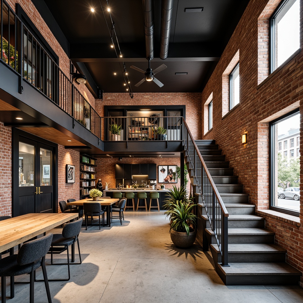 Prompt: Exposed brick walls, metal beams, reclaimed wood accents, industrial-chic lighting fixtures, minimalist railings, bold color schemes, geometric patterns, distressed finishes, open-plan layout, lofty ceilings, functional storage spaces, rustic textures, contrasting materials, statement pieces, edgy modern aesthetic, urban loft atmosphere, dramatic vertical elements, cantilevered stairs, floating landings, dynamic diagonal lines, industrial-grade metalwork, raw concrete floors, exposed ductwork, avant-garde decor.