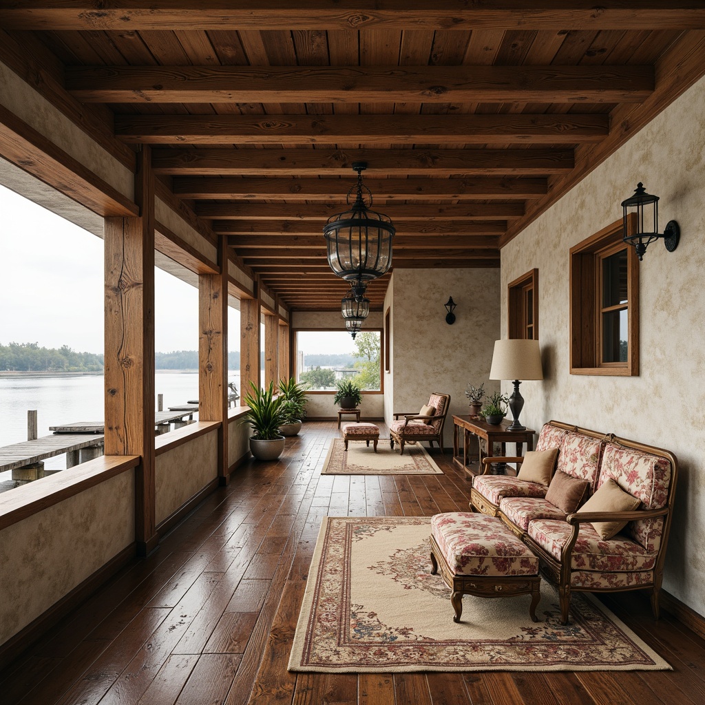 Prompt: Rustic boathouse, wooden docks, serene lake views, natural stone walls, reclaimed wood floors, distressed wood beams, soft creamy whites, warm beige tones, plush velvet fabrics, ornate metalwork, vintage nautical accents, antique furniture pieces, floral patterned rugs, elegant chandeliers, soft warm lighting, shallow depth of field, 3/4 composition, realistic textures, ambient occlusion.