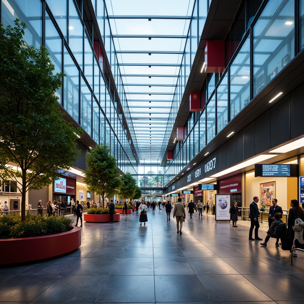 Prompt: Modern train station, futuristic architecture, sleek metal beams, large glass roofs, natural light pouring in, comfortable seating areas, vibrant color schemes, dynamic LED displays, interactive information boards, automated ticketing systems, minimalist decor, polished concrete floors, stainless steel handrails, lush greenery, ambient soft lighting, shallow depth of field, 3/4 composition, panoramic view, realistic textures, warm atmosphere, busy urban environment.