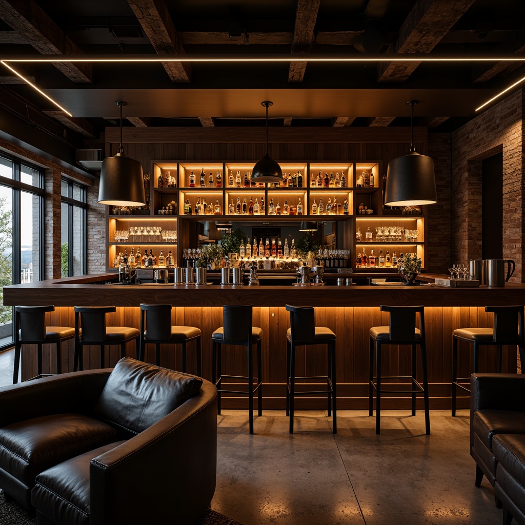 Prompt: Sophisticated home bar, luxurious wood tones, rich leather upholstery, metallic accents, pendant light fixtures, warm ambient glow, dimmable LED lights, glass shelves, whiskey decanters, wine glasses, cocktail shakers, modern industrial design, exposed brick walls, concrete floors, moody color palette, dramatic shadows, cinematic lighting, atmospheric fog effects, 1/2 composition, low-key lighting, realistic reflections.