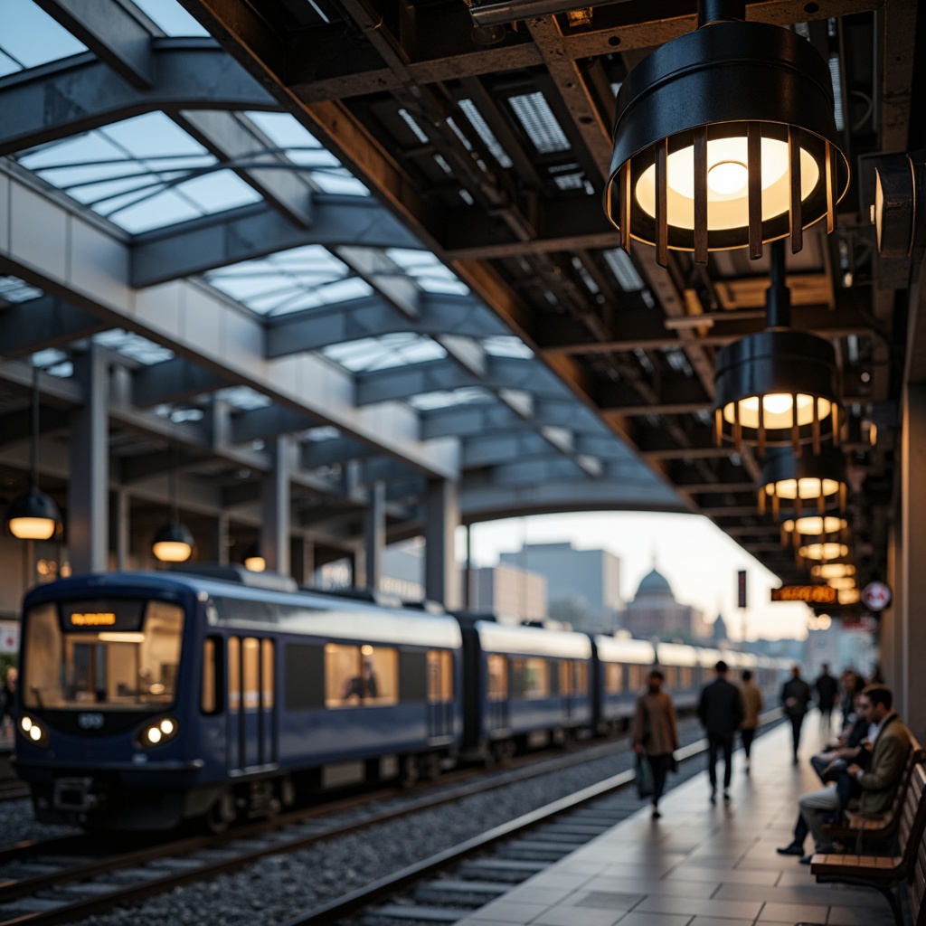 Prompt: Modern train station, sleek metal framework, industrial chic atmosphere, stylish lighting fixtures, pendant lamps, cylindrical shades, LED strips, warm ambient glow, dimmable settings, minimalist design, stainless steel accents, glass roofs, urban landscape, busy commuters, rush hour scenes, shallow depth of field, 1/2 composition, soft focus effect, realistic textures.