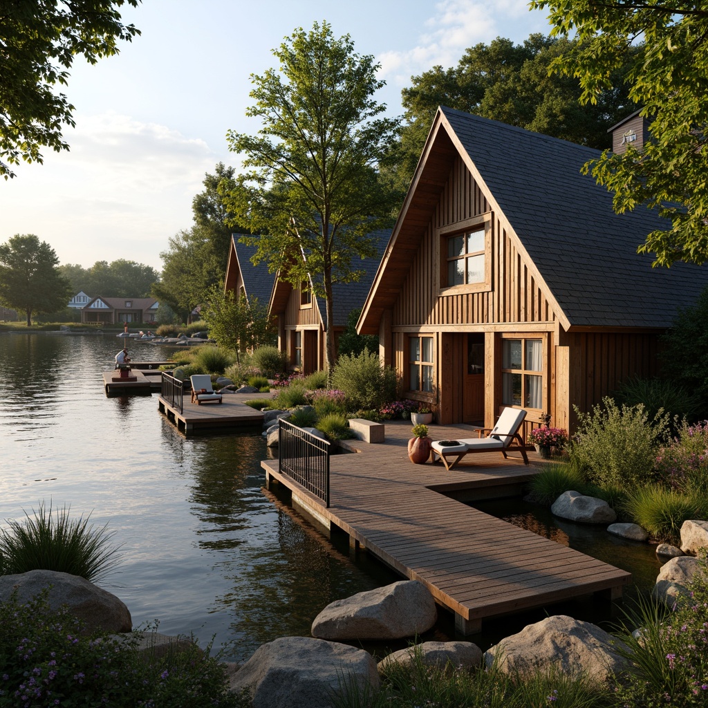 Prompt: Rustic boathouse, wooden dock, serene lake views, lush greenery, vibrant flowers, natural stone walls, steeply pitched roofs, curved lines, soft warm lighting, distressed wood accents, vintage nautical decor, ornate metal railings, wooden shutters, earthy color palette, cozy interior spaces, plush furnishings, stone fireplaces, wooden beams, classic French country charm, whimsical water features, gentle lapping sounds, 1/1 composition, shallow depth of field, warm golden hour lighting.