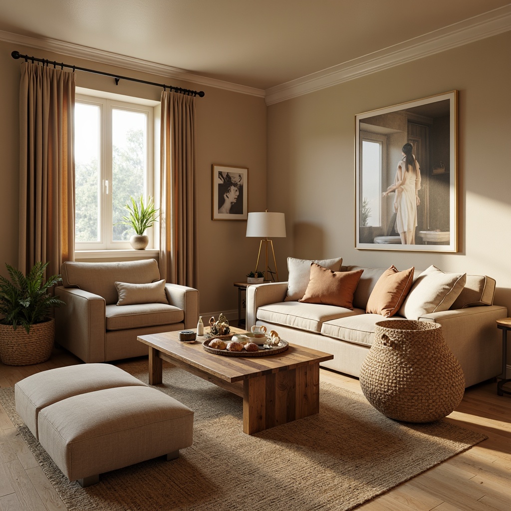 Prompt: Cozy living room, plush sofas, velvet armchairs, reclaimed wood coffee tables, woven wicker baskets, soft cushioned ottomans, floor lamps with linen shades, natural fiber rugs, warm beige walls, modern minimalist decor, elegant chrome accents, comfortable reading nooks, oversized pillows, calming color palette, warm ambient lighting, shallow depth of field, 2/3 composition, realistic textures, subtle reflections.