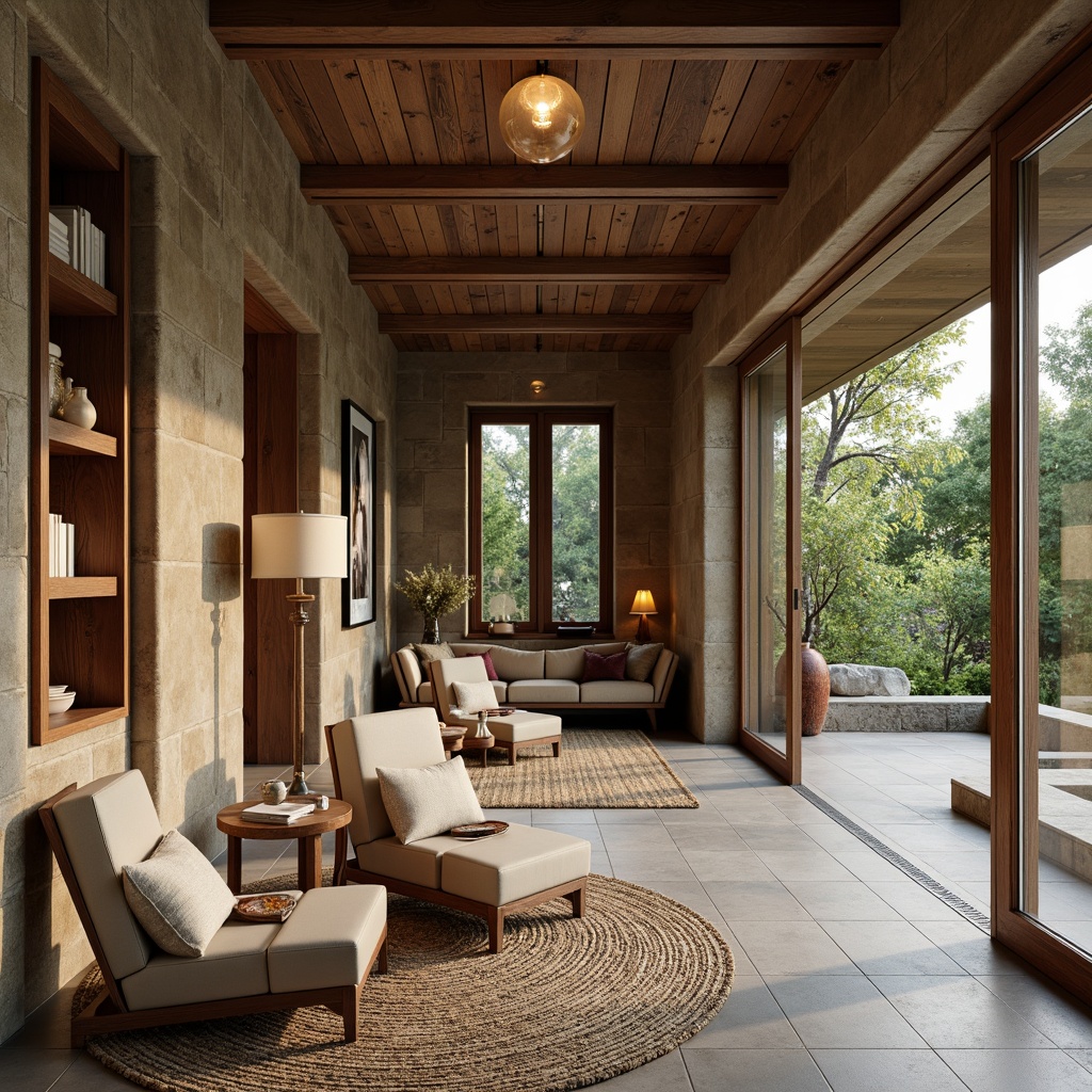 Prompt: Rustic modern villa, textured stone walls, earthy color palette, natural materials, organic shapes, wooden accents, large windows, sliding glass doors, cozy reading nooks, plush area rugs, ambient warm lighting, shallow depth of field, 1/1 composition, soft focus blur, realistic textures, subtle normal mapping.