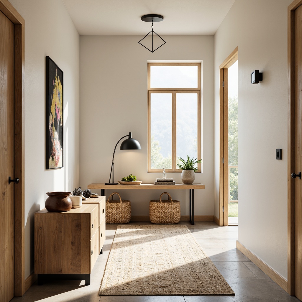 Prompt: Minimalist entrance hall, blonde wood tones, sleek metal accents, natural fiber rugs, industrial-chic lighting fixtures, functional console tables, woven baskets, geometric-patterned textiles, airy openness, soft diffused lighting, shallow depth of field, 2/3 composition, realistic textures, ambient occlusion.