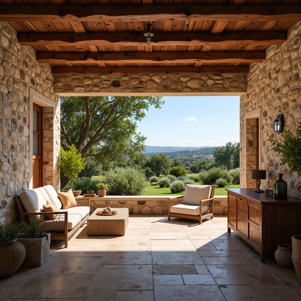 Prompt: Rustic farmhouse, Mediterranean villa, natural stone walls, terracotta roof tiles, wooden beam ceilings, earthy color palette, distressed wood furniture, vintage metal decor, lush greenery, olive trees, herb gardens, lavender fields, sunny day, warm soft lighting, shallow depth of field, 3/4 composition, panoramic view, realistic textures, ambient occlusion.