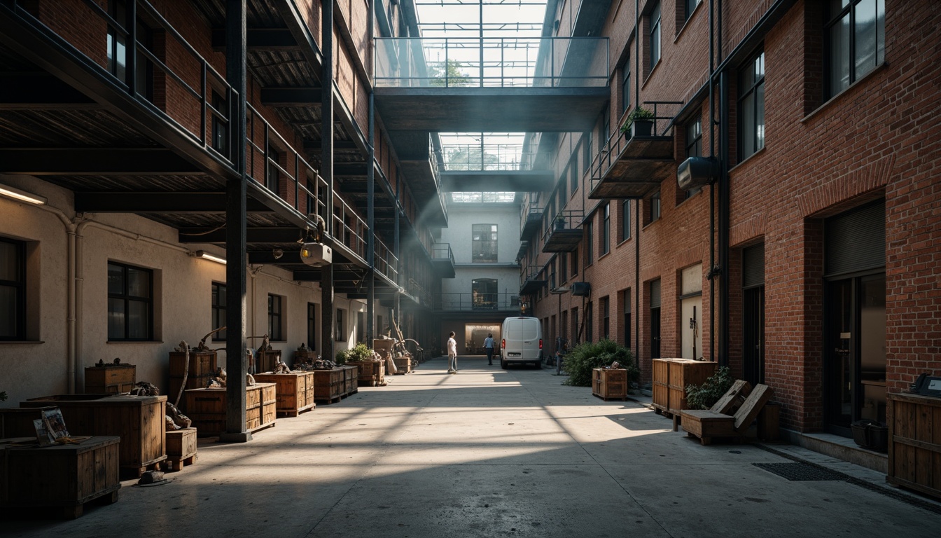 Prompt: Exposed brick walls, industrial pipes, metal beams, concrete floors, minimal machinery, functional lighting, steel catwalks, urban cityscape, abandoned factory setting, moody atmospheric lighting, shallow depth of field, 1/1 composition, cinematic framing, gritty textures, subtle color grading, worn wooden crates, distressed metal surfaces, vintage manufacturing equipment, rustic industrial decor, atmospheric mist, soft focus, realistic rendering.