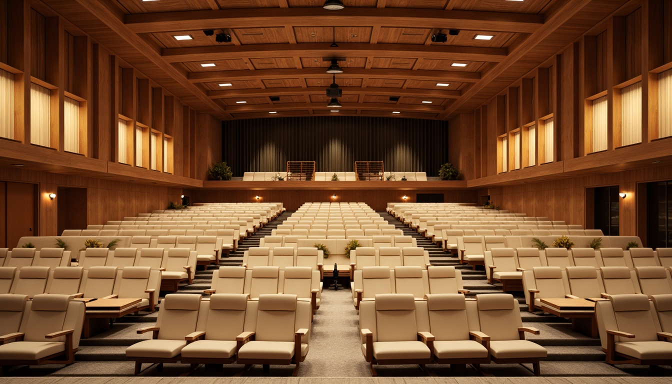 Prompt: Elegant auditorium, academic atmosphere, curved rows of seats, wooden paneling, warm beige tones, comfortable cushioned chairs, adjustable armrests, built-in desks, ample legroom, subtle floor lighting, dramatic ceiling design, grand chandeliers, rich wood accents, sophisticated color scheme, harmonious blend of modern and traditional elements, spacious aisles, clear sightlines, 1/2 composition, softbox lighting, realistic textures, ambient occlusion.