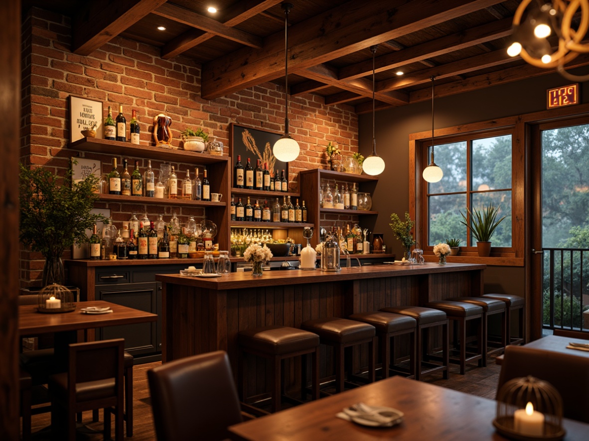 Prompt: Cozy home bar, rich wood tones, dimmable pendant lights, warm ambient glow, metallic accents, glass shelves, leather stools, rustic brick walls, vintage signs, neon decorative lights, soft warm lighting, shallow depth of field, 1/1 composition, realistic textures, atmospheric mist.