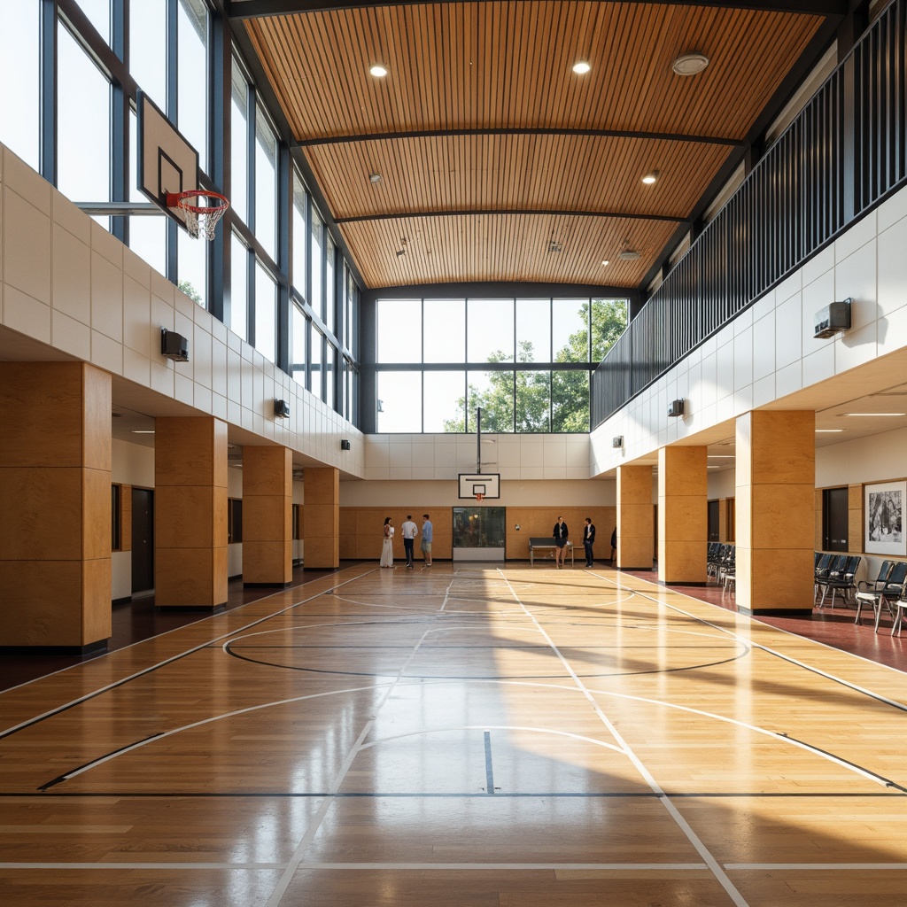 Prompt: Polished wooden floors, athletic court markings, basketball hoops, sports equipment storage, modern gymnasium design, academic institutional style, natural light pouring in, high ceilings, minimal ornamentation, functional layout, rubberized flooring, shock-absorbing surfaces, sound-dampening materials, warm neutral color palette, subtle texture variations, dynamic lighting effects, soft focus photography, 1/2 composition, realistic reflections, ambient occlusion.